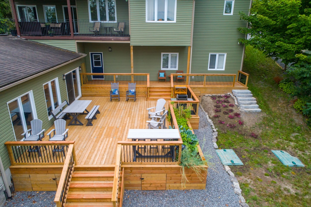 Finished outdoor wood deck beside a home