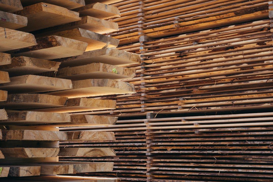 Stacked lumber prepared for a woodworking project